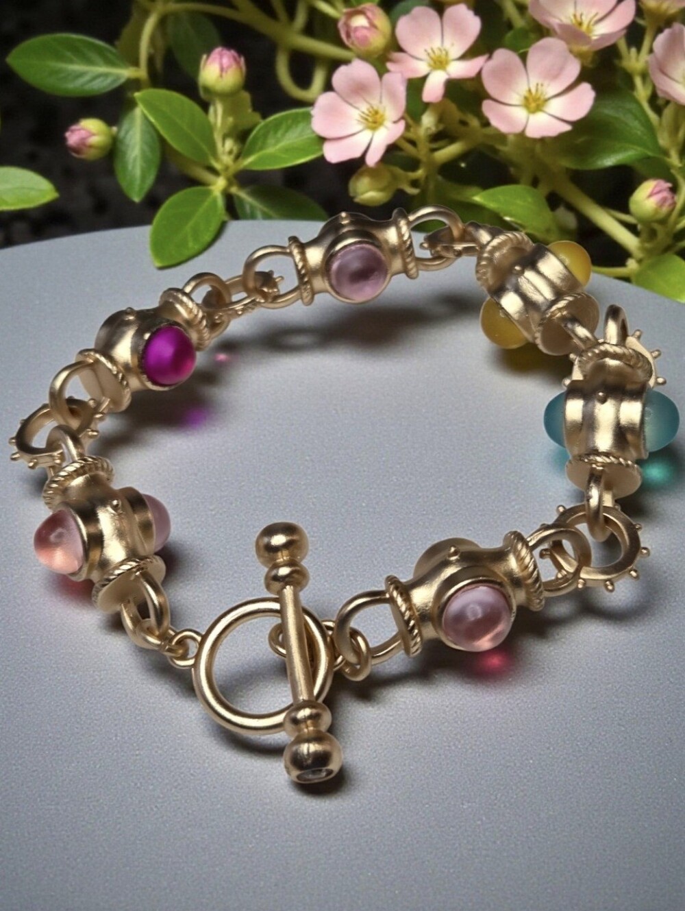 18k Matte Gold Byzantine Frosted Pastel Cabochon Toggle Bracelet